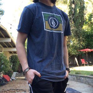 Navy Blue and Yellow Volcom Box Logo T Shirt